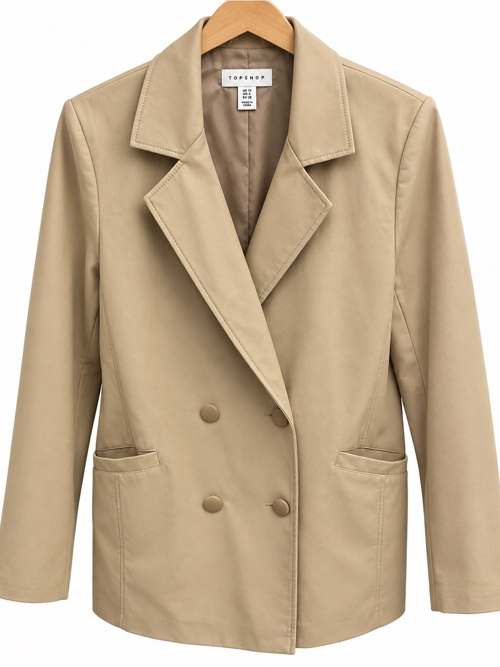 Topshop Faux Leather Double-Breasted Jacket Cream Taupe Blazer size 4